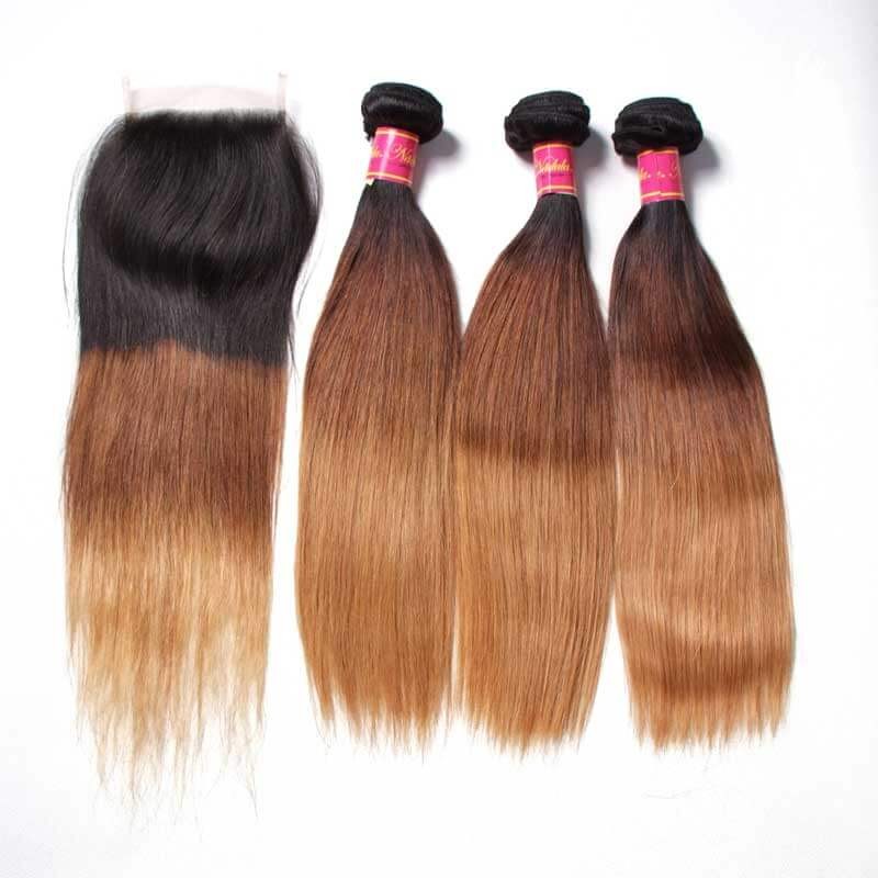 Idolra Human Virgin Hair Three Tone Ombre Straight Wave Hair 3 Bundles With Closure